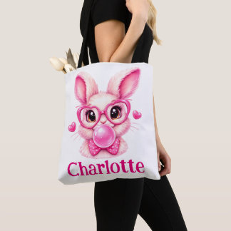 Trendy Pink Bunny  with Bubble Gum – Custom Name Tote Bag