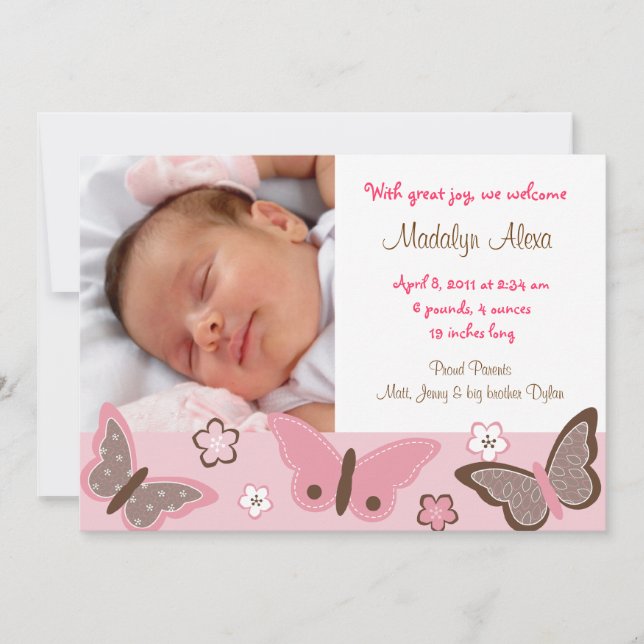 Trendy Pink Butterfly Photo Birth Announcements (Front)