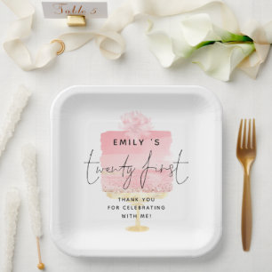 Trendy Pink Cake Name 21st Birthday Thank You Paper Plate