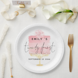 Trendy Pink Cake Script Name 21st Birthday Party Paper Plate