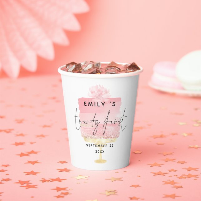 Trendy Pink Cake Script Name Thanks 21st Birthday Paper Cups (Insitu)