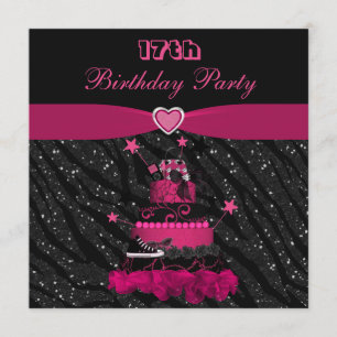 Trendy Pink Cake & Zebra Stripes 17th Birthday Invitation