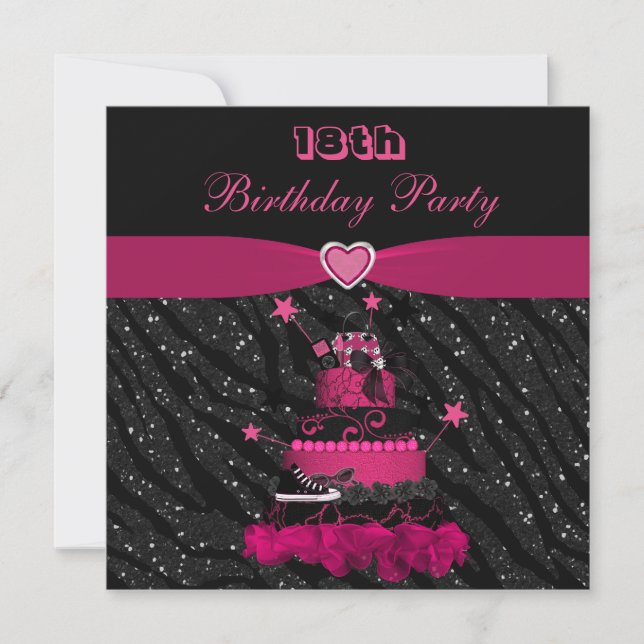 Trendy Pink Cake & Zebra Stripes 18th Birthday Invitation (Front)