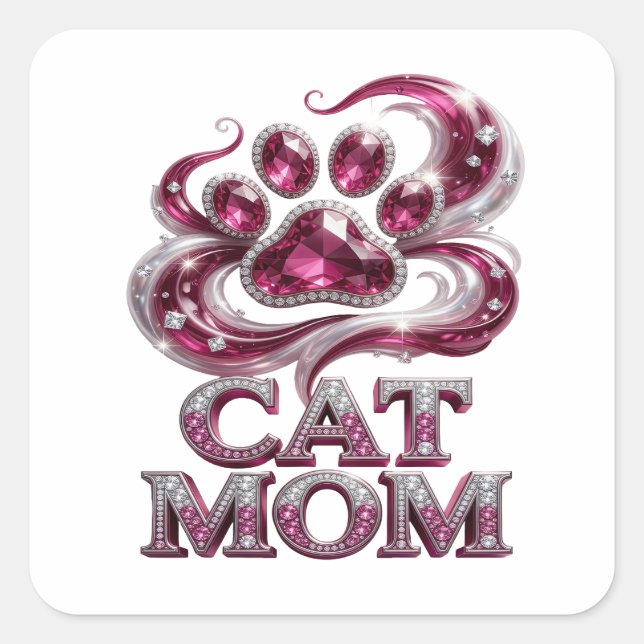 Trendy Pink CAT MOM Square Sticker (Front)