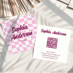 Trendy Pink Checkerboard with QR Code Square Business Card