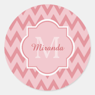 Trendy Pink Chevron Zigzag Name and Monogram Classic Round Sticker
