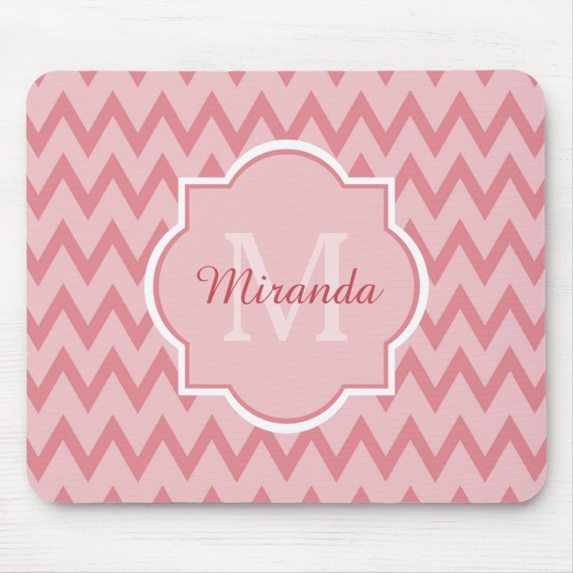 Trendy Pink Chevron Zigzag Name and Monogram Mouse Mat (Front)