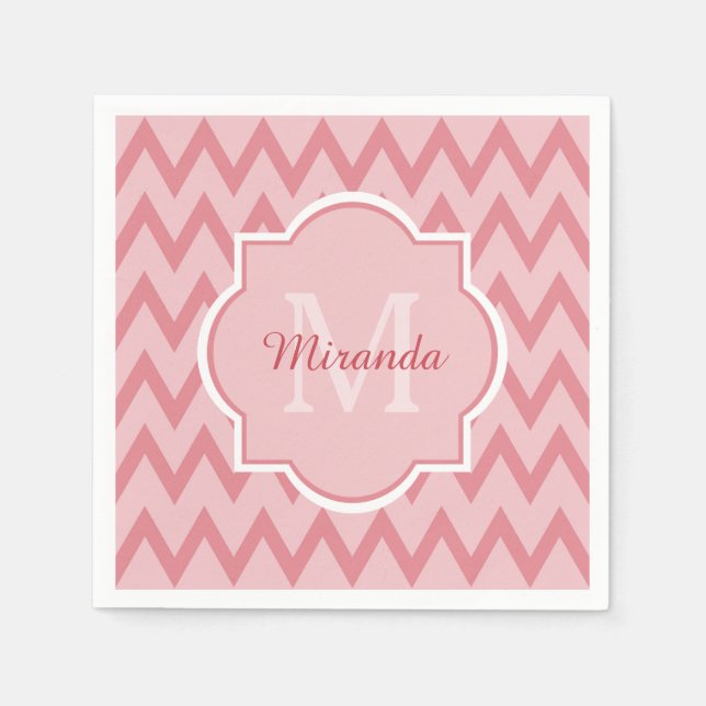 Trendy Pink Chevron Zigzag Name and Monogram Napkin (Front)