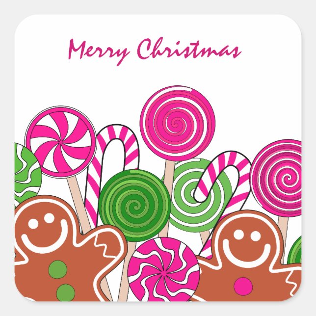 Trendy pink Christmas gingerbreads Square Sticker (Front)