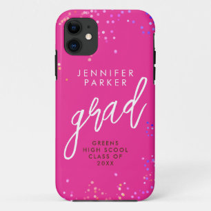 Trendy Pink Colourful Confetti Graduation Party iPhone 11 Case