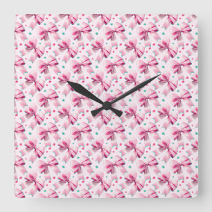 Trendy pink coquette bow pattern with cute girly square wall clock