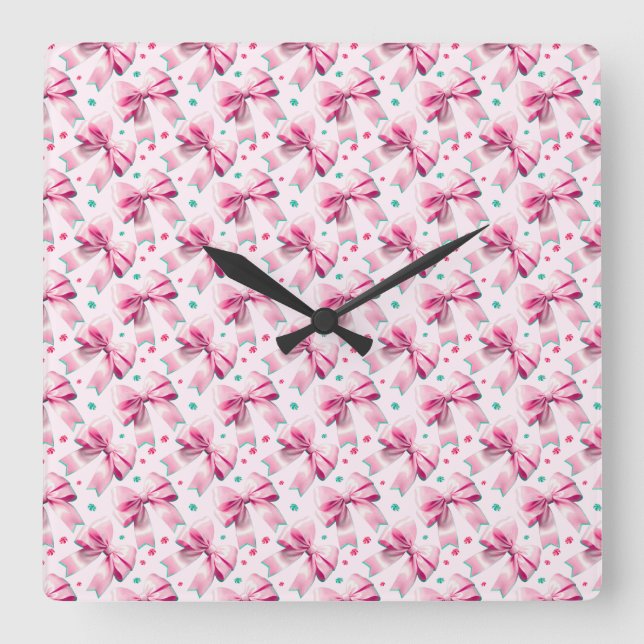 Trendy pink coquette bow pattern with cute girly square wall clock (Front)