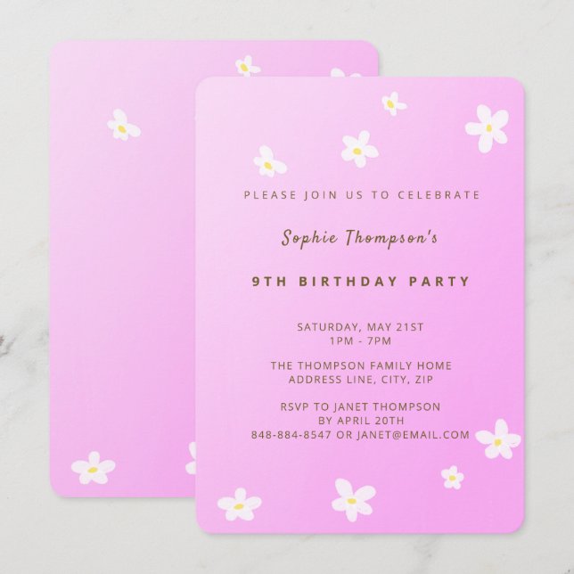 Trendy Pink Daisies Girl Birthday Party Invitation (Front/Back)