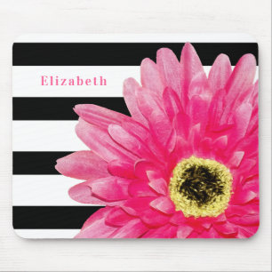 Trendy Pink Daisy Black and White Stripes and Name Mouse Mat