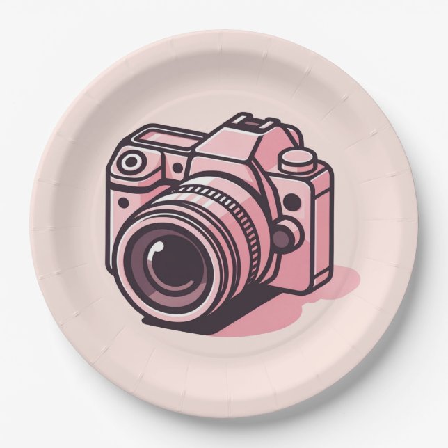 Trendy Pink DSLR Camera Photography Personalised Paper Plate (Front)