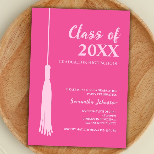Trendy Pink Feminine 2025 Grad Tassel Graduation Invitation (graduation party invitation class of 2024 feminine minimalist trendy hot pink grad tassel)