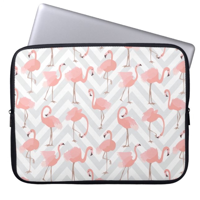 Trendy Pink Flamingos and Chevrons Pattern Laptop Sleeve (Front)