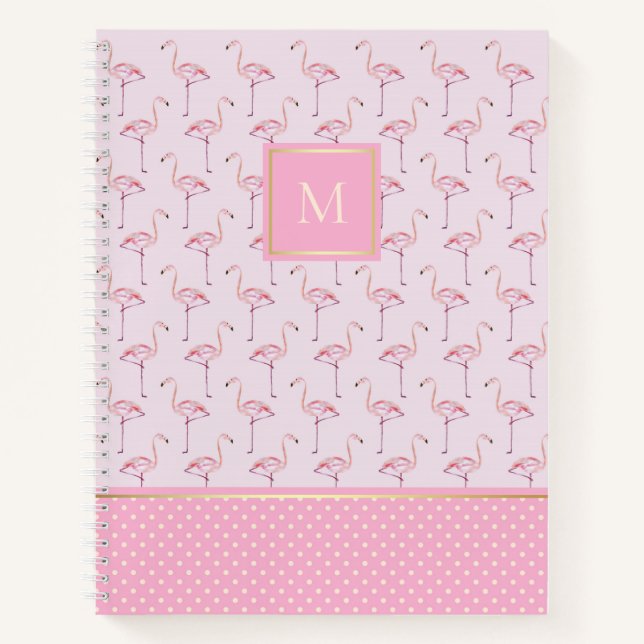 Trendy Pink Flamingos and Dots with Monogram Notebook (Front)