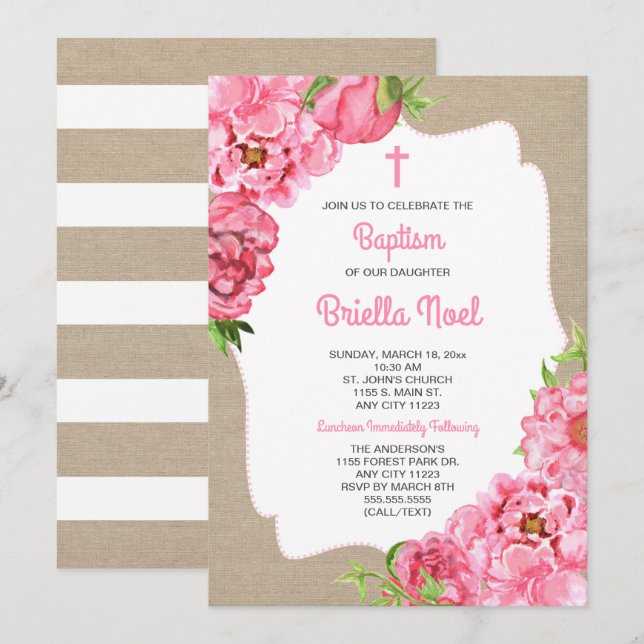 Trendy Pink Floral + canvas Baptism invite (Front/Back)