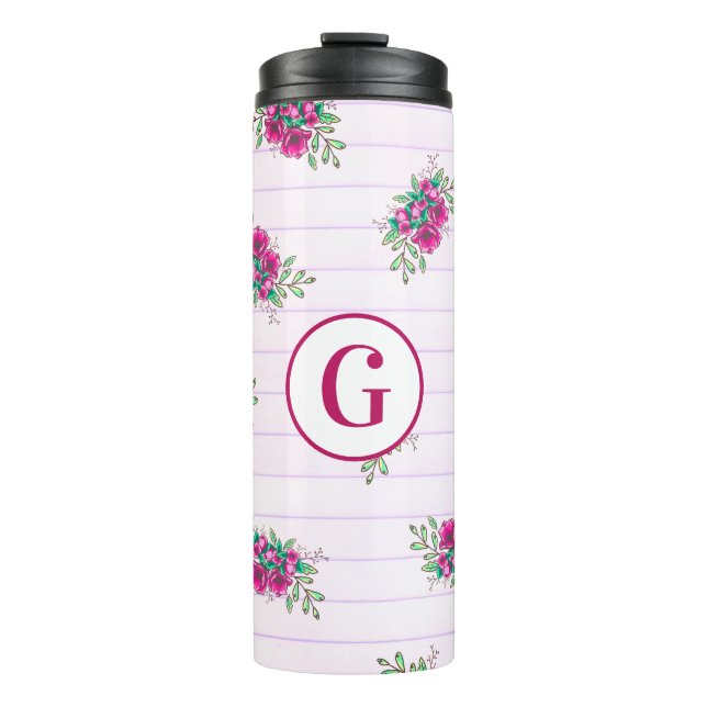 Trendy Pink Floral Doodles & Stripes Thermal Tumbler (Front)