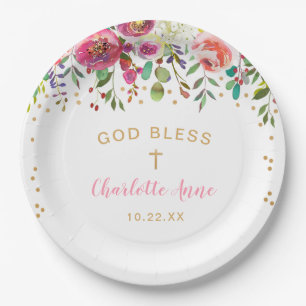 Trendy pink floral girl baptism celebration decor paper plate