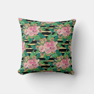 Trendy Pink Floral Paint Gold Stripes Black Design Cushion