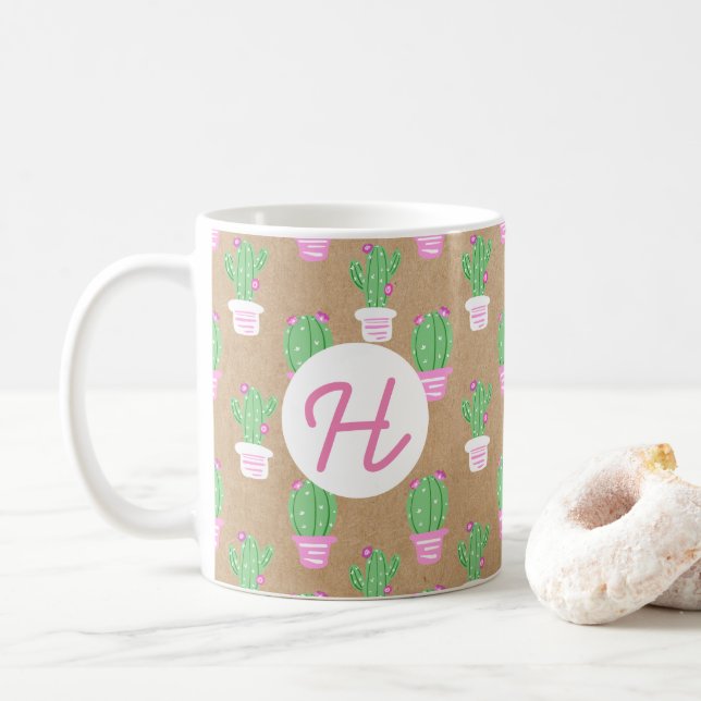 Trendy Pink Flowering Cactus & Faux Kraft Paper Coffee Mug (With Donut)
