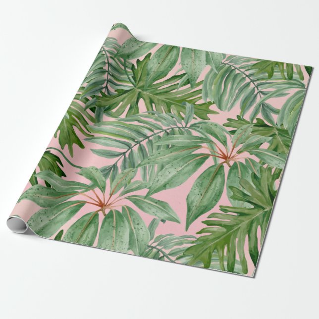 Trendy Pink Foliage Tropical Jungle Leaves Wrapping Paper (Unrolled)