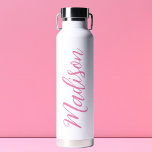 Trendy Pink Girls Name Handwritten Script Custom<br><div class="desc">A cute personalised pink monogram water bottle for a girl who loves simple,  handwritten gifts. Beautiful cursive script down the side of your bottle spelling out your name.</div>