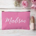 Trendy Pink Girls Name Handwritten Script Custom Accessory Pouch<br><div class="desc">A chic personalised pink monogram cosmetic bag or pencil pouch for a girl who loves simple,  handwritten gifts. Beautiful white cursive script spelling out your name in elegant script.</div>
