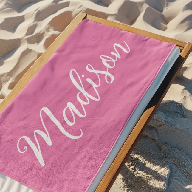 Trendy Pink Girls Name Handwritten Script Custom Beach Towel (Creator Uploaded)