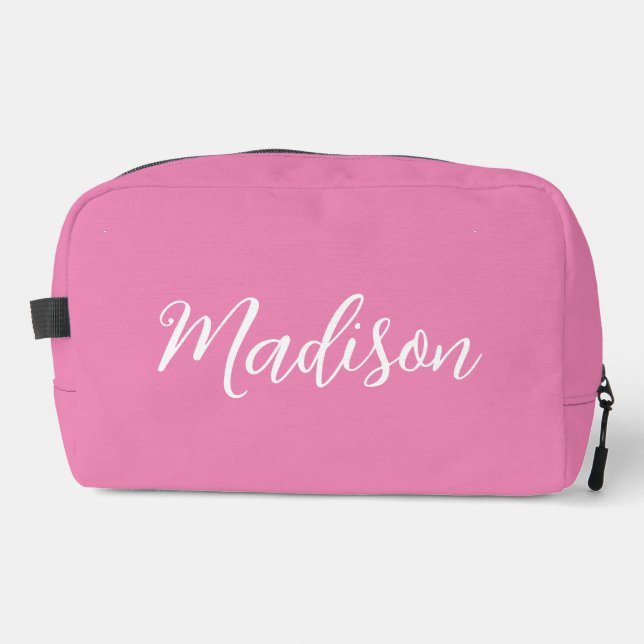 Trendy Pink Girls Name Handwritten Script Custom Dopp Kit (Front)