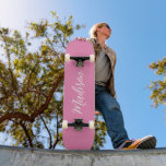 Trendy Pink Girls Name Handwritten Script Custom Skateboard<br><div class="desc">A chic personalised pink monogram skateboard for a girl who loves simple, handwritten gifts. Beautiful white cursive script spelling out your name in elegant script.</div>