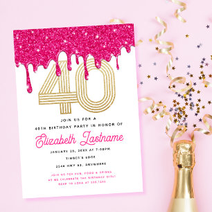 Trendy Pink Glitter Drip 40th Birthday Invitation 