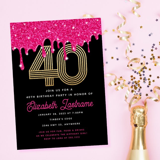 Trendy Pink Glitter Drip 40th Birthday Invitation  (Creator Uploaded)