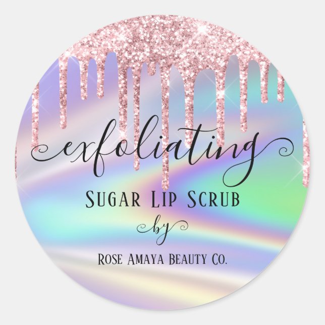 Trendy Pink Glitter Drips Faux Holographic Custom Classic Round Sticker (Front)