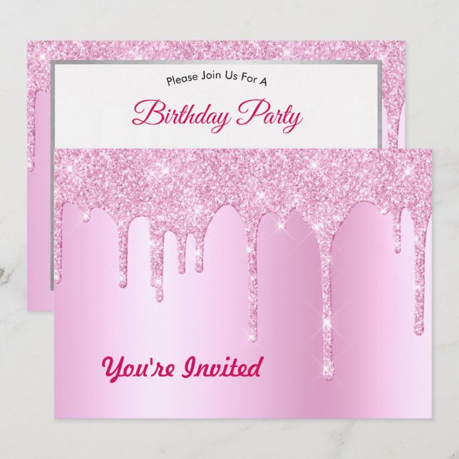 Trendy Pink Glitter Drips Graphic Birthday Invitation (Front/Back)
