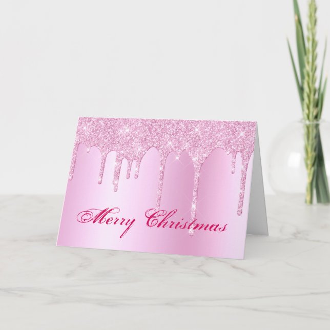 Trendy Pink Glitter Drips Graphic Christmas Holiday Card (Front)
