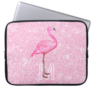 Trendy Pink Glitter Watercolor Flamingo Tropical Laptop Sleeve