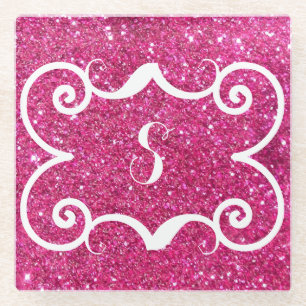 Trendy Pink Glitter White Monogram Custom  Glass Coaster