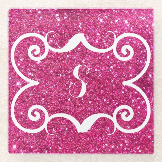 Trendy Pink Glitter White Monogram Custom  Glass Coaster (Front)