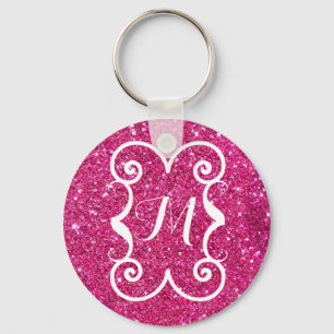 Trendy Pink Glitter White Monogram Custom Key Ring