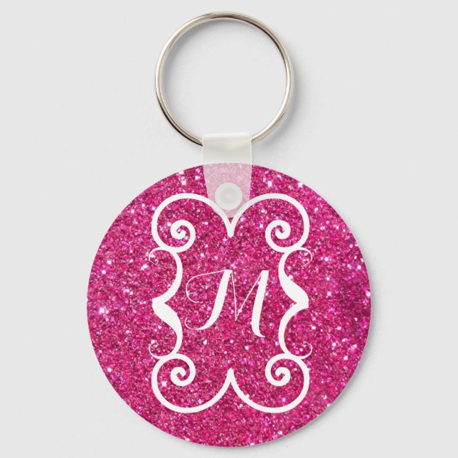  Trendy Pink Glitter White Monogram Custom Key Ring (Front)