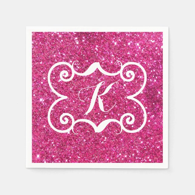 Trendy Pink Glitter White Monogram Custom Napkin (Front)