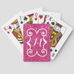  Trendy Pink Glitter White Monogram Custom Playing Cards