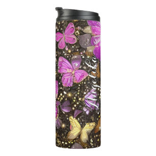 Trendy Pink, Gold and Black Butterflies Custom Thermal Tumbler