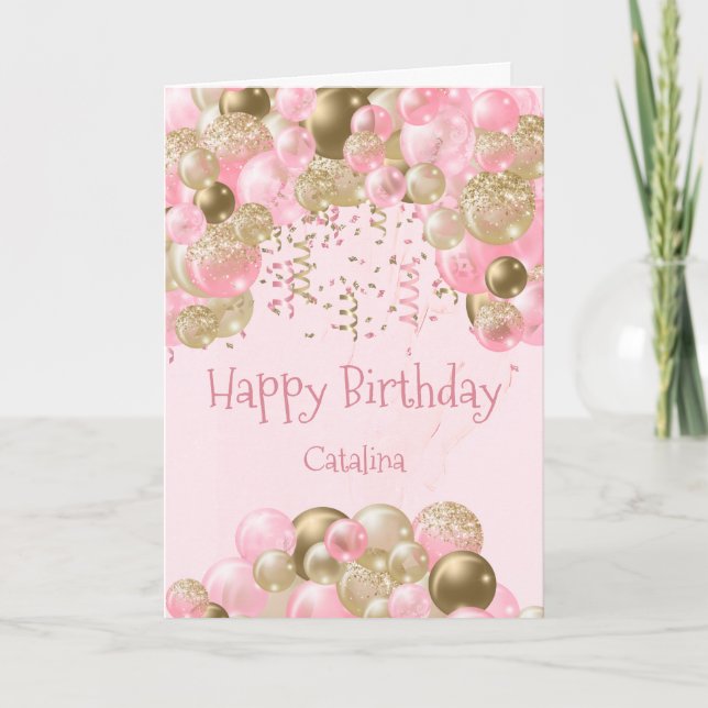 Trendy Pink Gold Balloons Birthday Card (Front)
