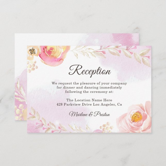 Trendy Pink & Gold Floral Garden Wedding Reception Invitation (Front/Back)