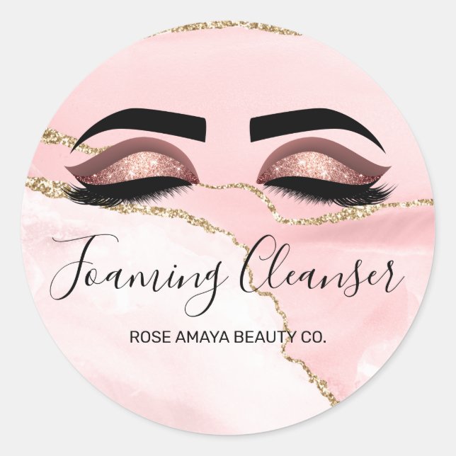 Trendy Pink Gold Glitter Agate Marble Lash Shampoo Classic Round Sticker (Front)