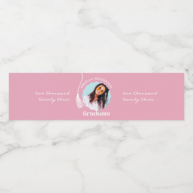 Trendy Pink Graduation Photo Water Bottle Label (Single Label)